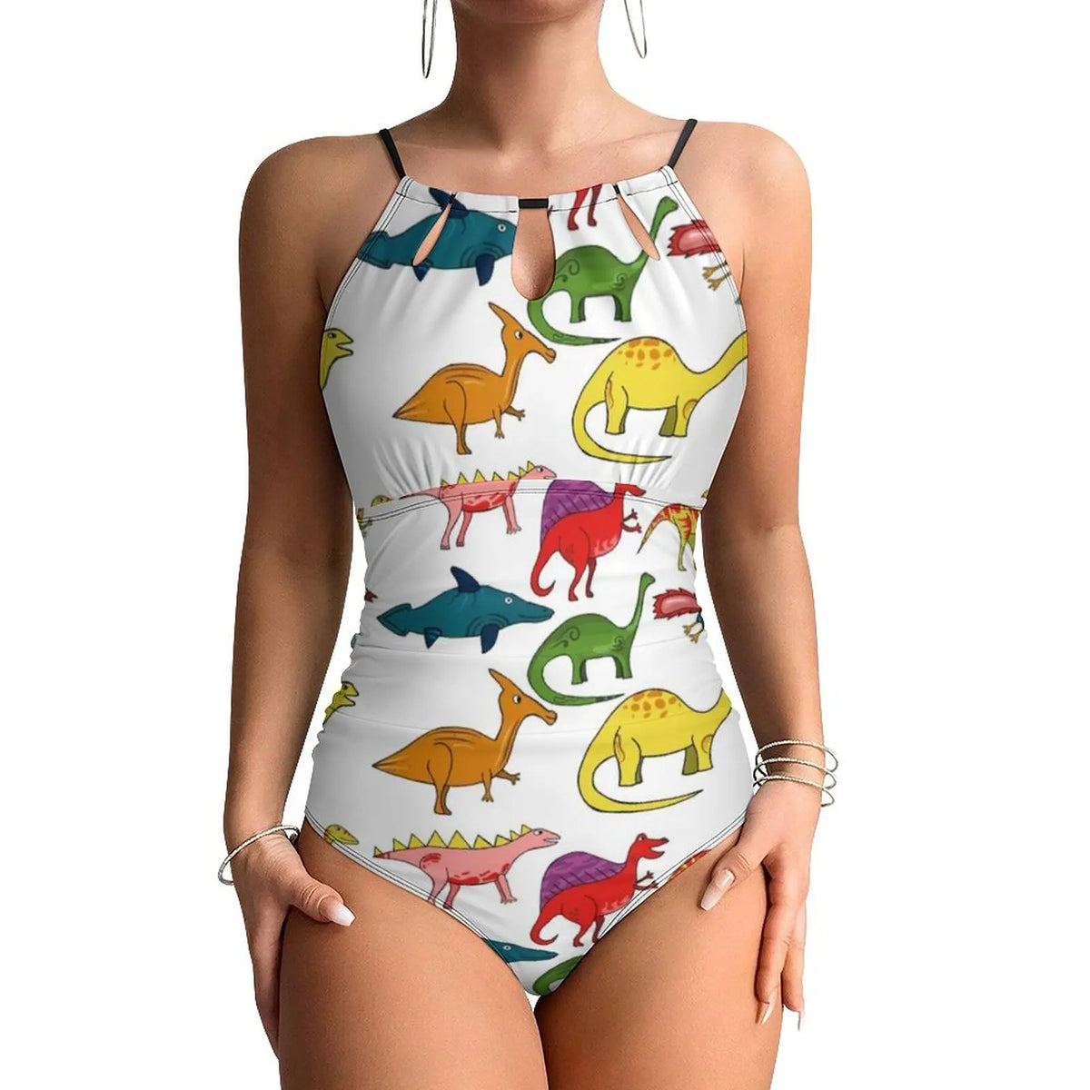 Botanical With Dinosaurs Swimsuit Dinosaur Quirky Soft Pastels Floral Swimwear Holiday Swimsuits Halter Bathing Suit |...