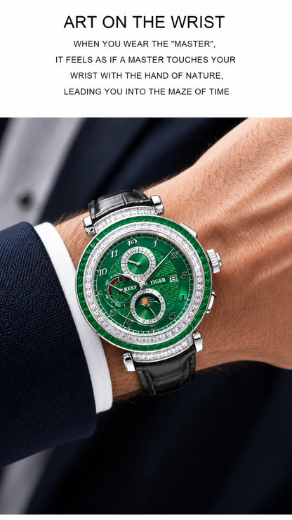 Reef Tiger Luxury Men's Automatic Mechanical Watch Green Dial Moon Phase Date Genuine Leather Strap Waterproof Dress...