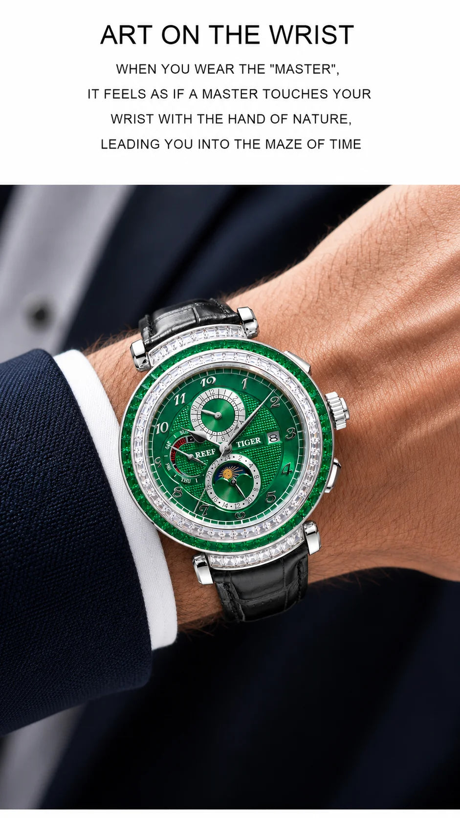 Reef Tiger Luxury Men's Automatic Mechanical Watch Green Dial Moon Phase Date Genuine Leather Strap Waterproof Dress...