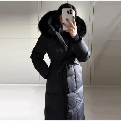 Warm Women's Puffy Quilted Hooded Long Cotton Coat Loose Solid Stand Collar Lace Up Zipper Overcoats 2025 Winter Lady Outwear