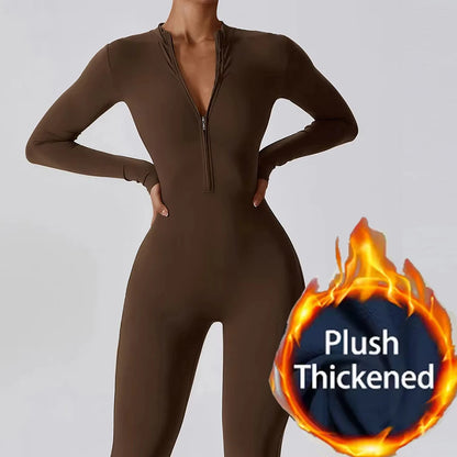 Warm Longsleeve Jumpsuts Women Thickened Sport Overalls Gym Set Zipper Fitness Bodysuits Winter Jumpsuit Workout Tracksuit - Kimlud