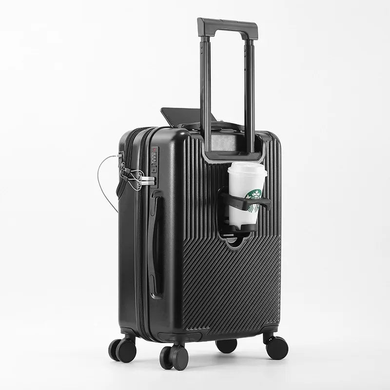 Front Opening Pocket Suitcase Travel Rolling Luggage Aluminum Alloy Trolley ABS+PC Case Bag with Spinner Wheel USB Charging Port