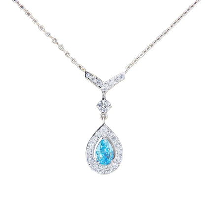 High-end women's 18K white gold and platinum PT950 water drop necklace female V-shaped pear-shaped aquamarine pendant - Kimlud