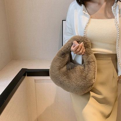 Solid Color Plush Dumpling Bag Simple Style Niche Design Faux Fur Handbag Tote Small Women's Underarm Hobo Bag