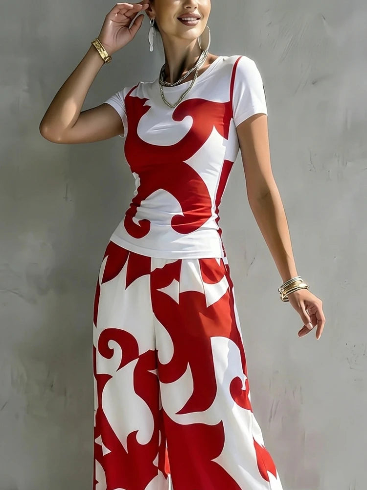 Missuoo Women's Y2K Red White Abstract Swirl Print Fitted Short Sleeve T-shirt Sexy Streetwear Shirts for Clubwear &...