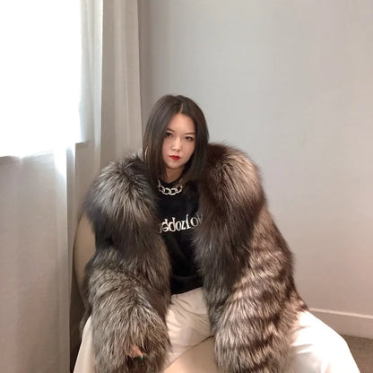 Real Natural Silver Fox Fur Coat Highend Quality Hood Genuine Women Winter Luxury Female Jacket Long Sleeve