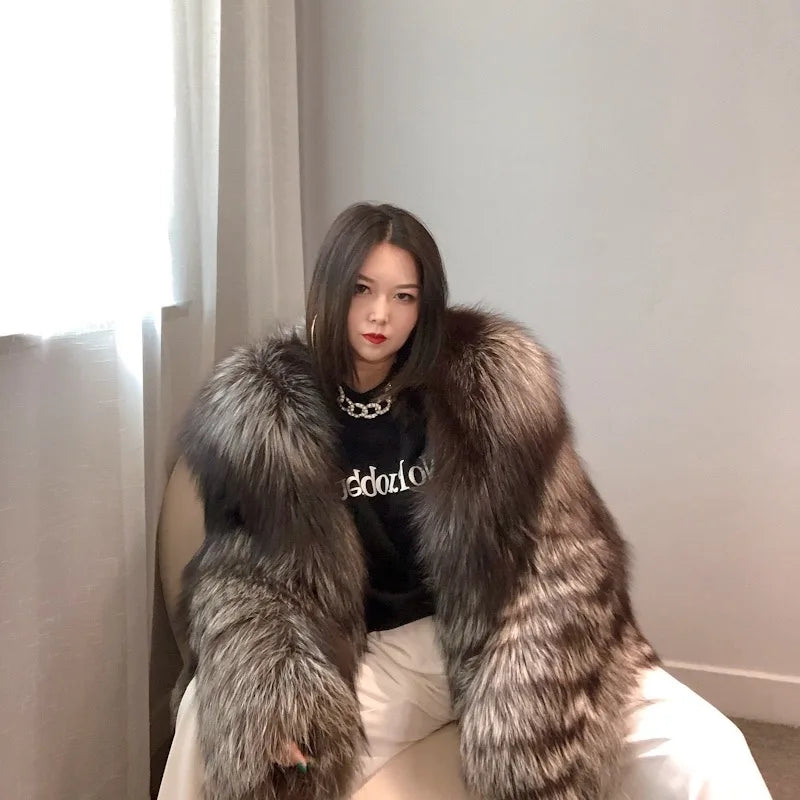 Real Natural Silver Fox Fur Coat Highend Quality Hood Genuine Women Winter Luxury Female Jacket Long Sleeve