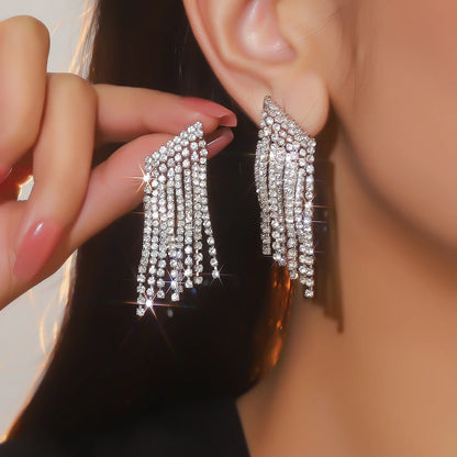 Silver Rhinestones Earrings for Women Sparkly Long Linear Dangle Earrings Dangle Tassels Statement Earrings Bridal Wedding