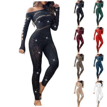 2025 Lace Embroidery Bra Set Women Sexy Mesh Rhinestone Jumpsuit Long Sleeve See Through Sexy Bustier Lingerie for Women - Kimlud