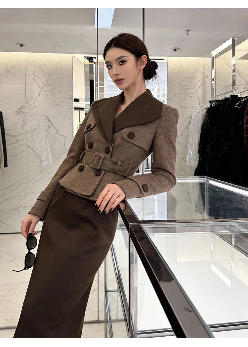 Women Elegant Brown Midi Dress Fake 2-Piece Wide Lapel High Waist Slim Pencil Robe Office Lady Business Formal Occasion...
