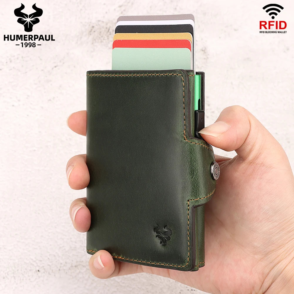 HUMERPAUL Men Card Holder with Money Pocket Crazy Horse Leather Pop Up Minimalist Wallet RFID Blocking Slim Metal Bank Card Case
