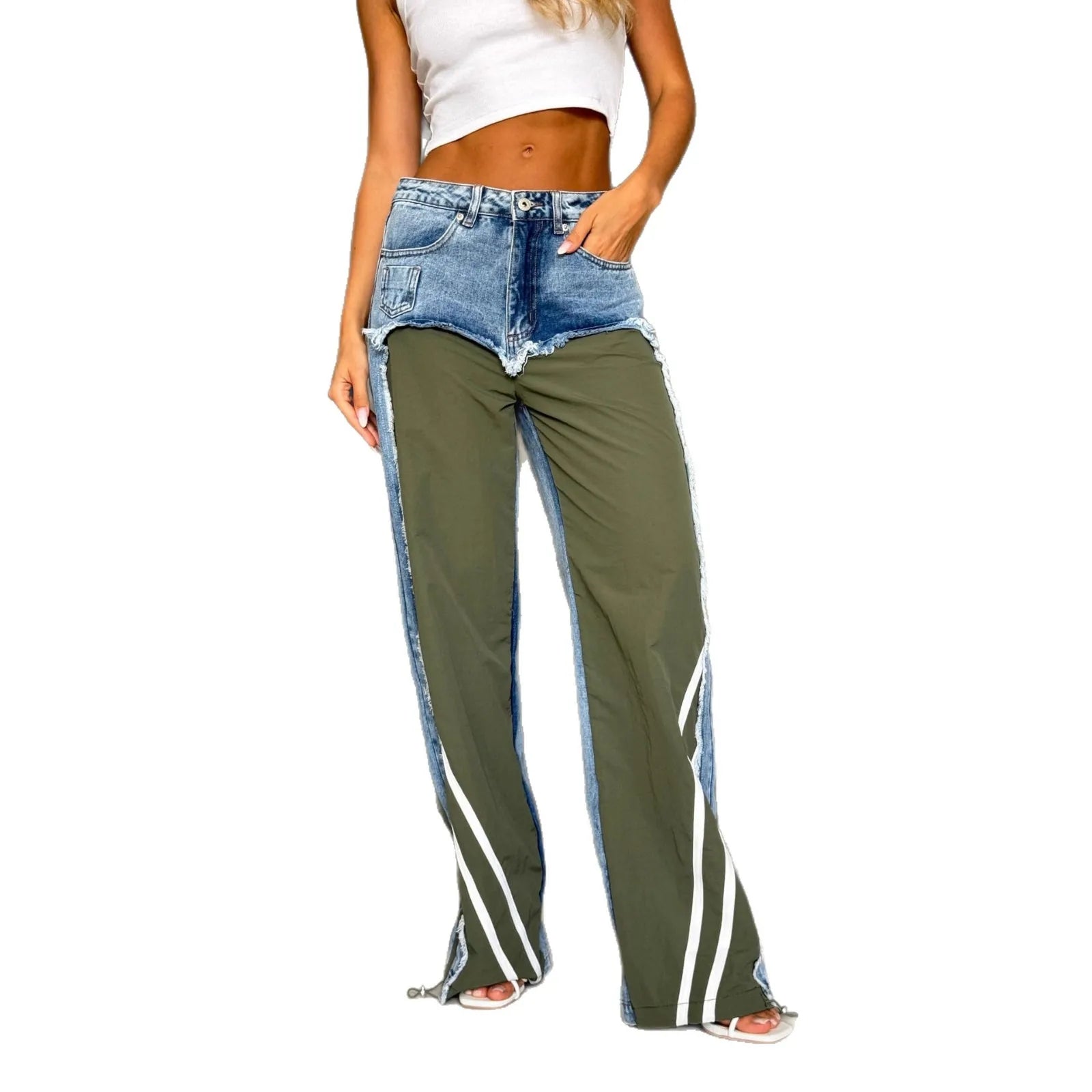Street Splicing Jeans for Women's Autumn New Style Pants Contrast Striped Fringed Jeans | Kimlud Premium Pants