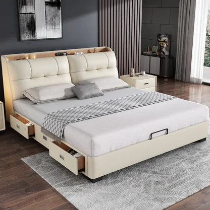 Pure White Nordic Style Oak Panel Queen Bed Frame Steel Frame Cama Modern Bed Queen Size Bed | Kimlud Luxury Bed