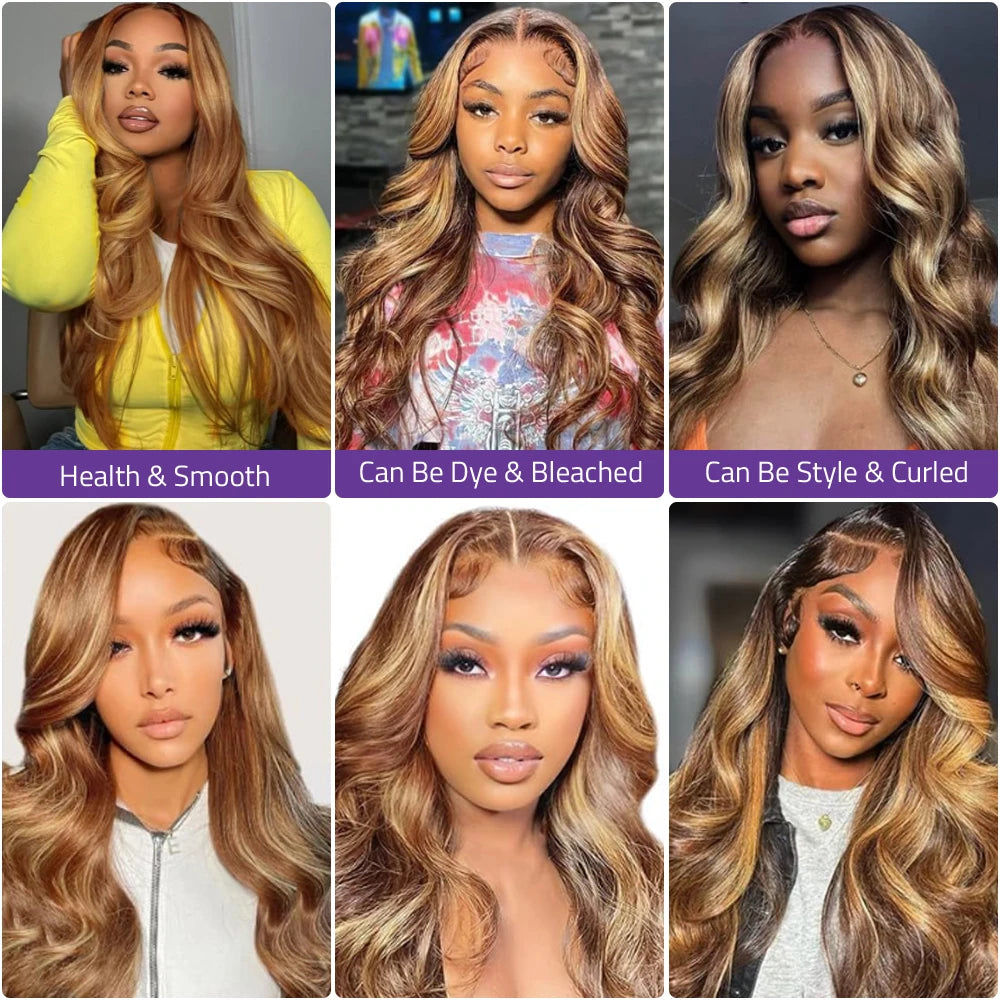 Highlight 13x4 Body Wave Lace Frontal Wigs Human Hair Brazilian 13x6 HD Lace Frontal Ombre Honey Blonde Colored Wig For Women - Kimlud