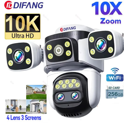 10K WiFi Cam 20MP Wireless Outdoor 10X Zoom Three Screen Four Lens 720° PTZ Automatic Tracking Waterproof Security Camera CCTV