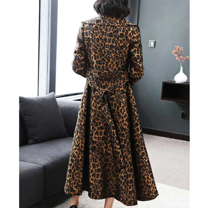 High End Fashion Leopard Coat Women Spring Autumn Korean Slim Long Trench Coat Female Windbreaker With Belt Mother Outwear ZT180