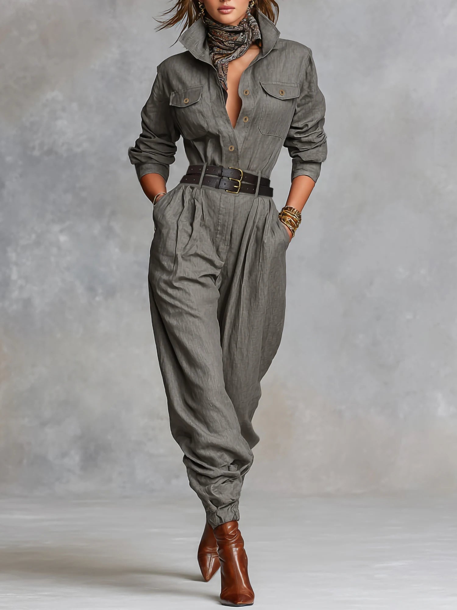 Women's Casual Utility Jumpsuit with Double Belt - Lapel Collar Button Down Long Sleeve Harem Pants One Piece Outfit |...