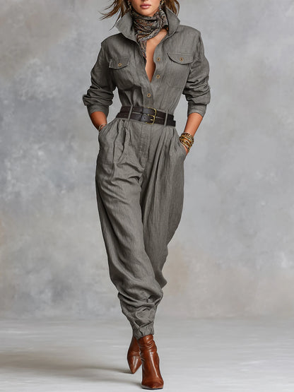 Women's Casual Utility Jumpsuit with Double Belt - Lapel Collar Button Down Long Sleeve Harem Pants One Piece Outfit |...