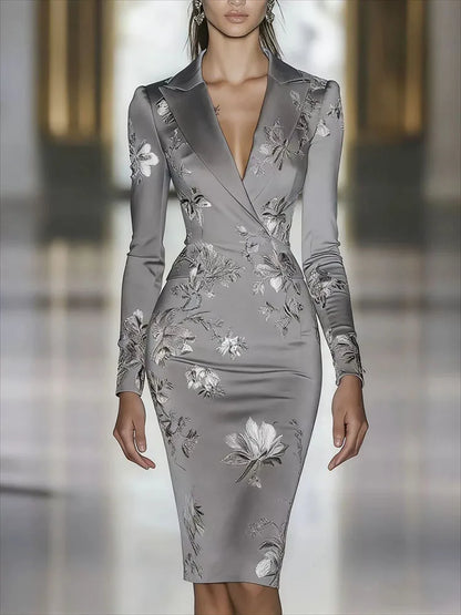 Elegant Luxury Floral Print Bodycon Midi Dress Retros V-neck Long Sleeve Fit Banquet Dress Temperament High Waist Wrap Hip Dress