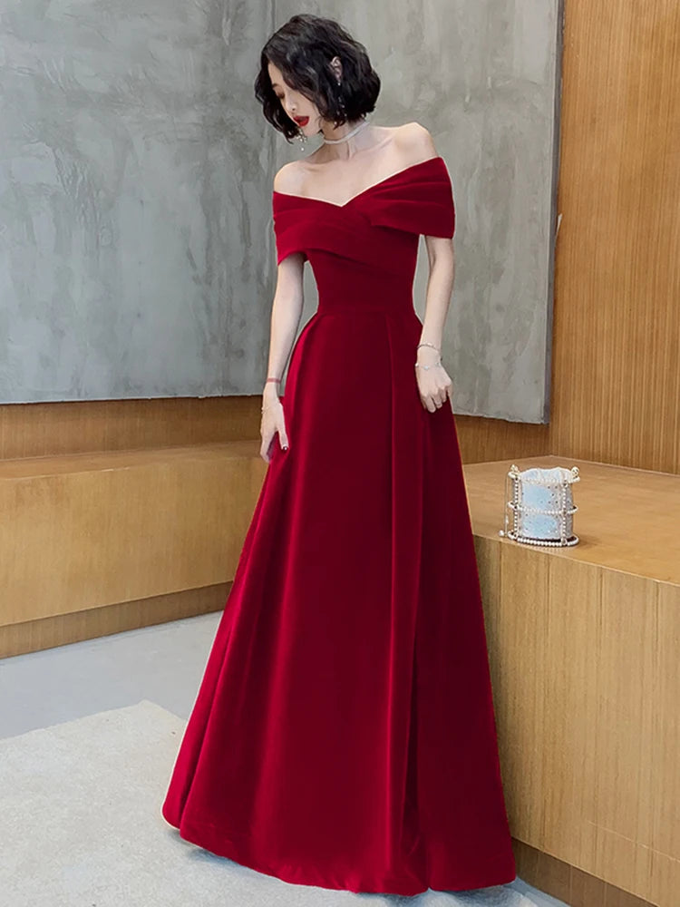 Lautaro Spring Long Luxury Elegant Wine Red Soft Velvet Evening Party Wedding Dresses for Women 2022 Off Shoulder Maxi...
