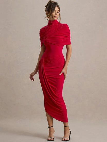 Half Sleeve Backless Ruched Sexy Maxi Dress Women Summer New Turtleneck Slim High Waist Evening Club Party Long Dress