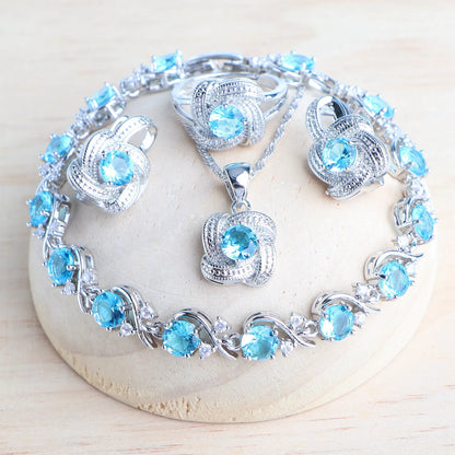 Blue Zirconia Women Jewelry Sets 925 Sterling Silver Wedding Bridal Costume Jewellery Earrings Rings Bracelets Pendant...