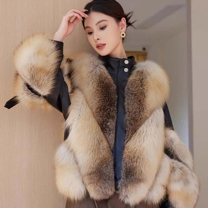 Autumn Winter New Real Fox Fur Jacket Women's Overcoat Fashion Loose Short Motorcycle Clothes Warm Parka Coat