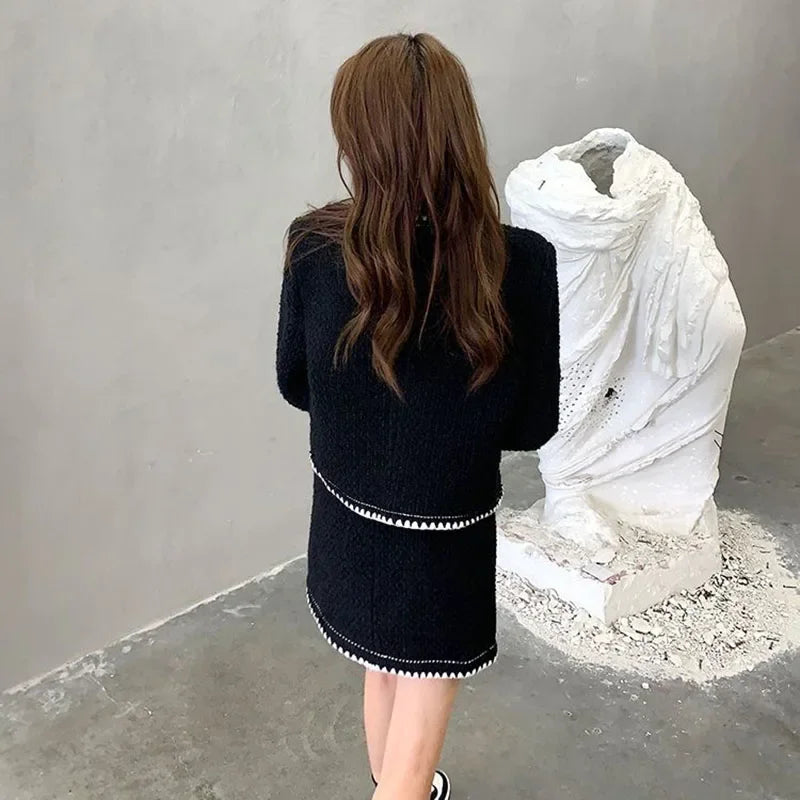 Vintage Skirts Two Piece Sets Mini Faldas Outfits Korean Fashion Fall Winter Oversize Suits Womens Tweed Jackets Conjuntos