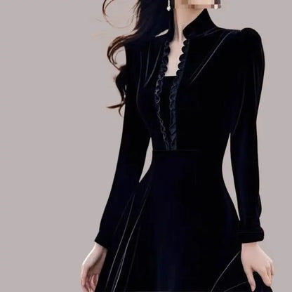 Elegant Black Velvet Dress Formal Occasion Heir to a Rich Family Luxury Feel Hepburn Style Stand Collar Long Sleeve Midi...