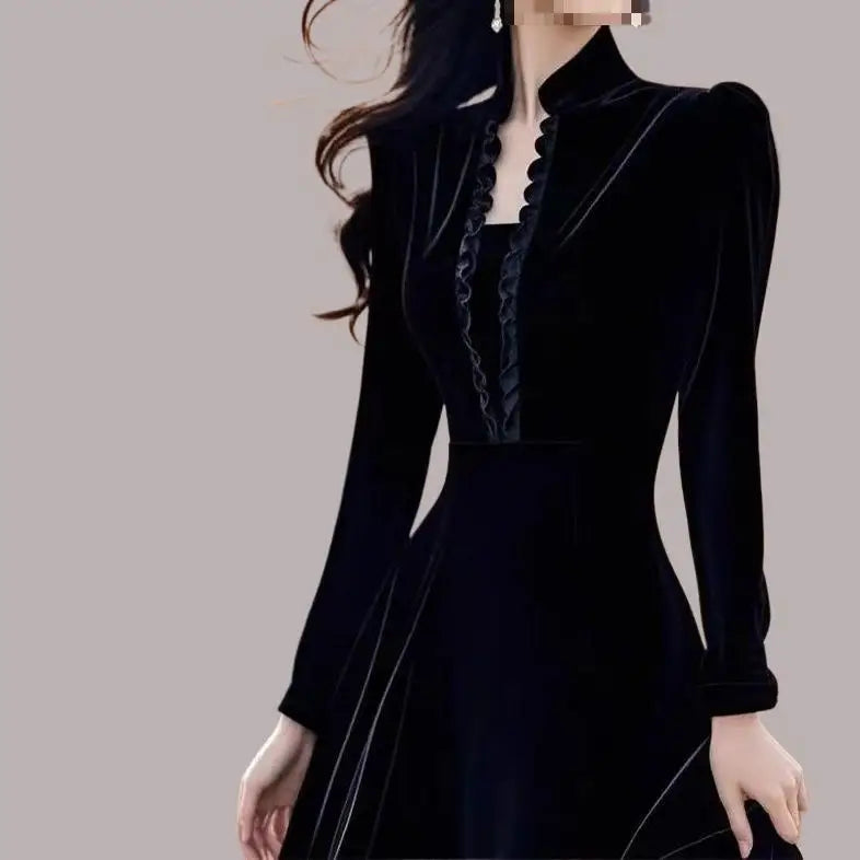 Elegant Black Velvet Dress Formal Occasion Heir to a Rich Family Luxury Feel Hepburn Style Stand Collar Long Sleeve Midi...
