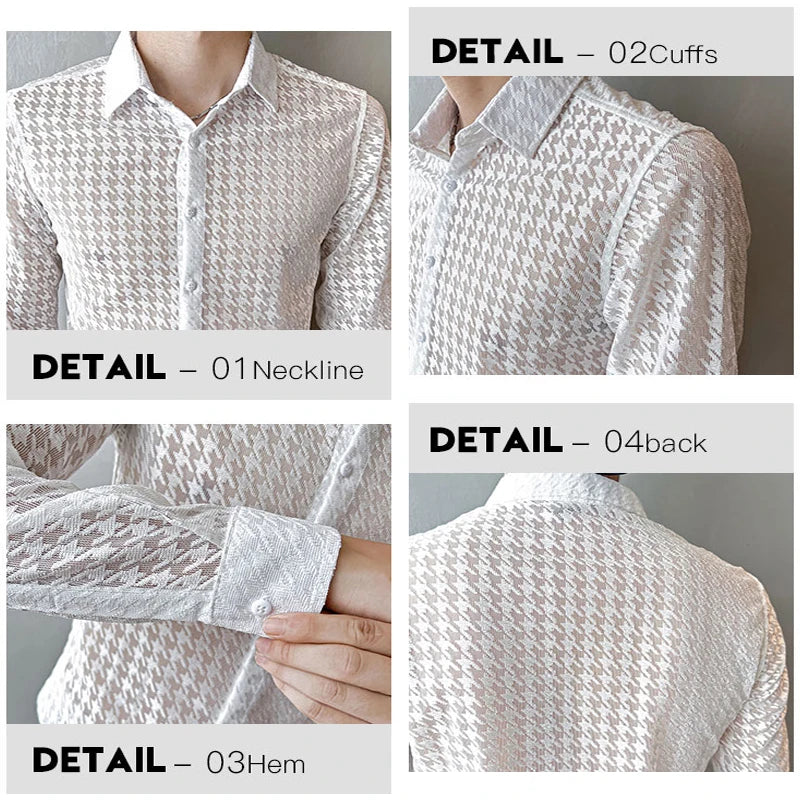 Sexy Transparent Mesh Long Sleeved Shirts for Men Fashion Party Night Club Plaid Printed Slim Fit 4XL Mens Dress Shirt Plus Size - Kimlud