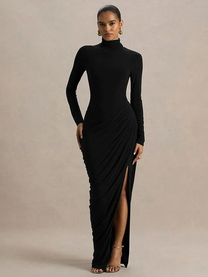 Slim Fit High Neck Pleated Dress with Slit Elegant Lady's Long Sleeve Dress Thick Material High Waist Bodycon Gown for Women - Kimlud
