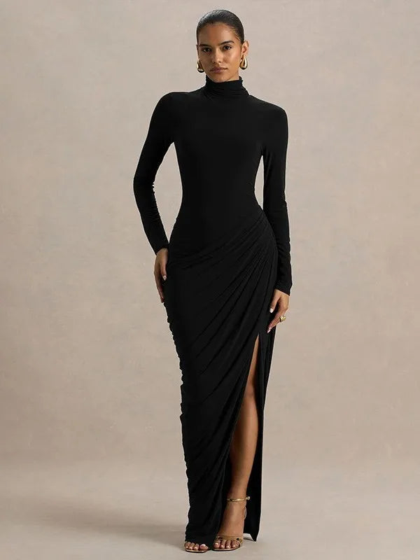 Slim Fit High Neck Pleated Dress with Slit Elegant Lady's Long Sleeve Dress Thick Material High Waist Bodycon Gown for Women - Kimlud