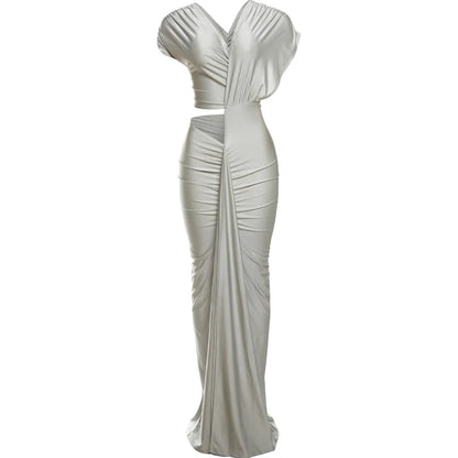 Nibber Irregular Hollow Dress Women Ruched Diagonal Collar Shorts Sleeve Waistless Slits Street Trend Temperament Long Bodycon