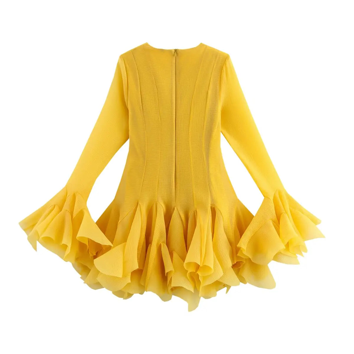 2026 Summer Women's Elegant Multi-Layered Ruffled Hem Mini Dresses Lady Sweet French Style Long Flare Sleeve Slim Fit Puffy Robe - Kimlud