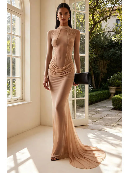 Sexy Long Sleeve Tulle Sheer Gathered Maxi Dress for Women Beige O Neck Mesh Folds See Though Slim Runway Evening Party...