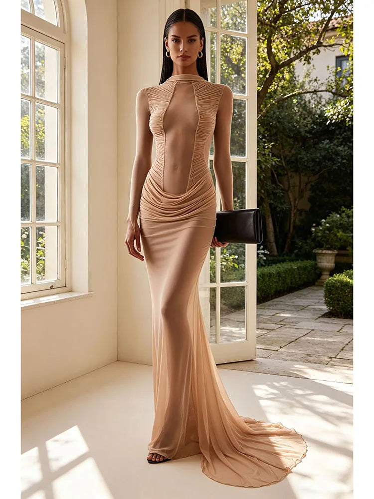 Sexy Long Sleeve Tulle Sheer Gathered Maxi Dress for Women Beige O Neck Mesh Folds See Though Slim Runway Evening Party...