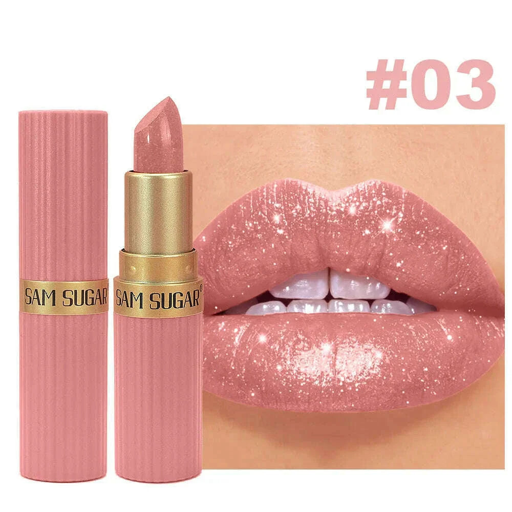 Pearlescent Pink Glitter Velvet Lipstick Metallic Waterproof Long Lasting Matte Shimmer Diamond Lipstick Women Makeup Cosmetic