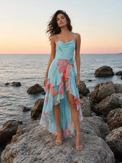 Sexy Spaghetti Strap Floral Printed Split Ruffles Long Dress Women Sleeveless Backless 3D Flower Dresses Summer Holiday Party