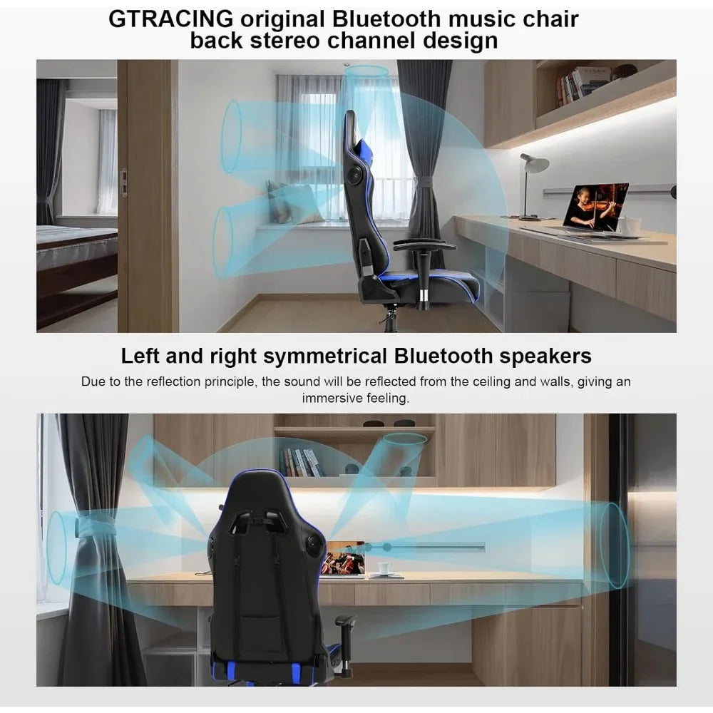 Gaming Chair With Speakers Bluetooth Music Video Game Chair Audio Ergonomic Design Heavy Duty Office Computer Desk Chair（Blue）-N