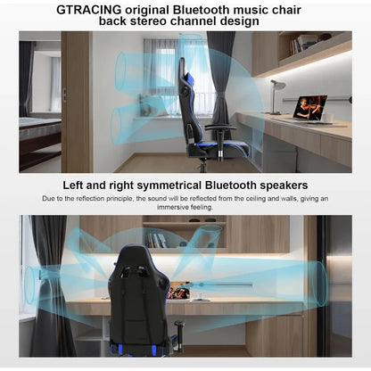 Gaming Chair With Speakers Bluetooth Music Video Game Chair Audio Ergonomic Design Heavy Duty Office Computer Desk Chair（Blue）-N