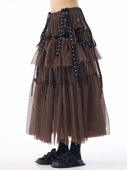 [EAM] High Elastic Waist Coffee Mesh Perspective Ribbon Strap Half-body Skirt Women Fashion Tide New Spring Autumn 2026 1DJ5044