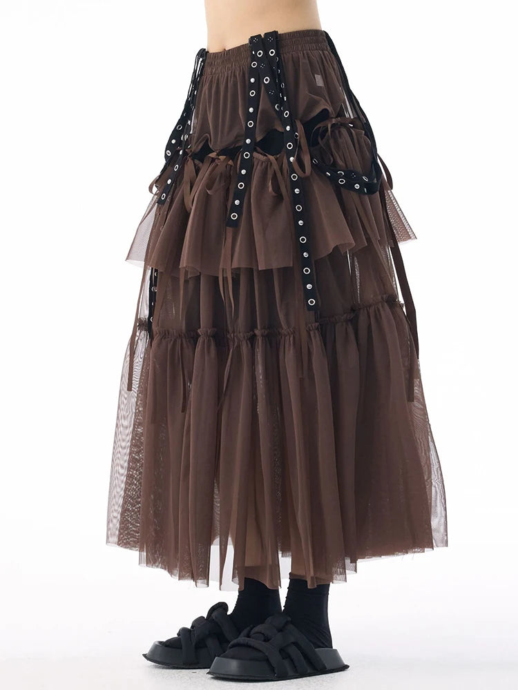 [EAM] High Elastic Waist Coffee Mesh Perspective Ribbon Strap Half-body Skirt Women Fashion Tide New Spring Autumn 2026 1DJ5044