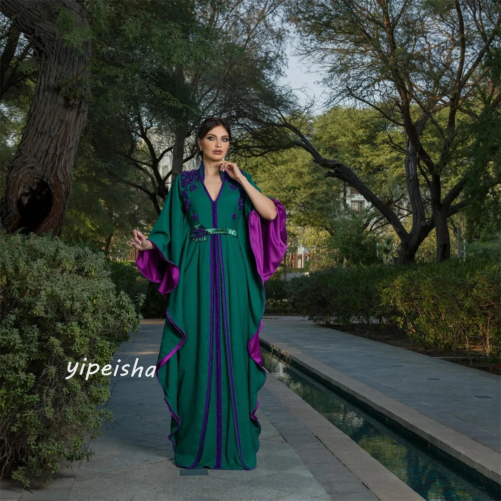 Customized   Jersey Flower Sashes Ruched Wedding Party A-line V-neck Bespoke Occasion Gown Long Dresses