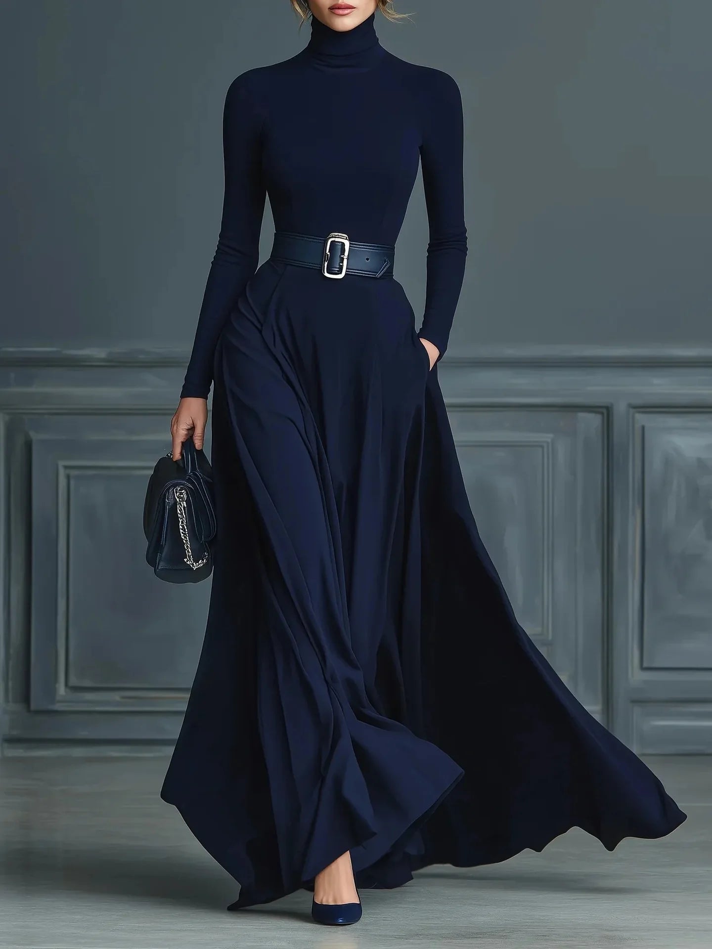 Women Elegant Turtleneck Solid With Pockets Dress Spring Autumn Fashion Slim Fit Big Swing Floor Length Evening Gown NO...