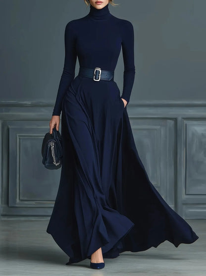 Women Elegant Turtleneck Solid With Pockets Dress Spring Autumn Fashion Slim Fit Big Swing Floor Length Evening Gown NO...