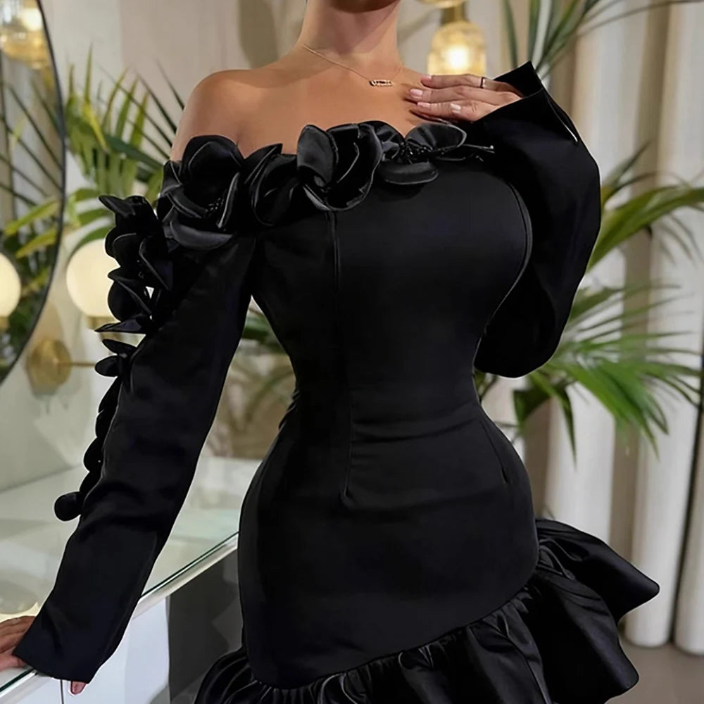 Sexy Off Shoulder 3D Flowers Women Party Dress Corset Ruffle Long Sleeve Irregular Bodycon Dress Cocktail Prom Chic Mini Dresses