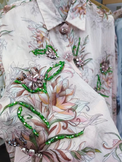 Luxury Design Summer Sparkle Diamonds Crystal Stitch Party Shirts Blouses Women's Lightweight Sunscreen Top Woman Clothes