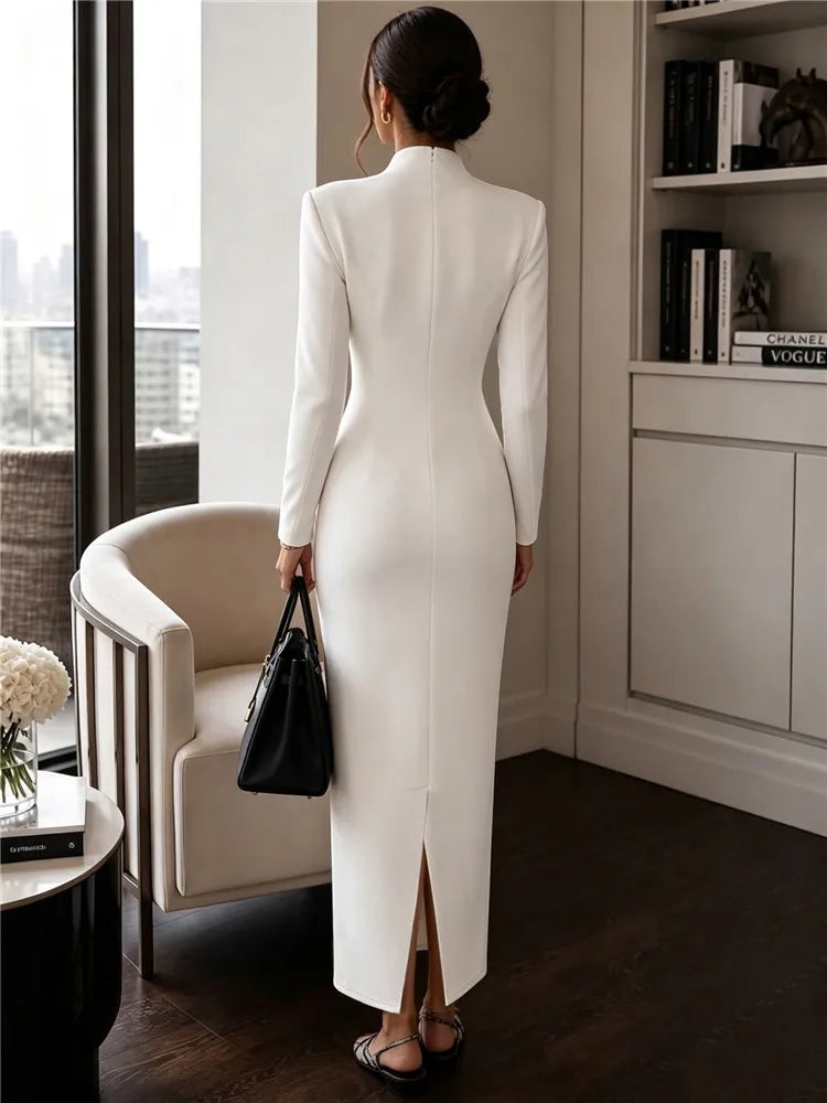 2026 Women's Fashion Evening Party Elegant Long Dress Solid V-Neck Long Sleeve Sheath Bodycon Maxi Dresses White Black Clothing
