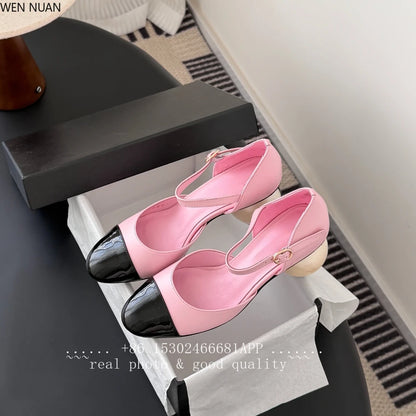 2026 New Genuine Leather Sandals Women Mary Jane Shoes Large Round Pearl Heels Buckle Strap Jane Women's Shoes Leather Side Open - Kimlud